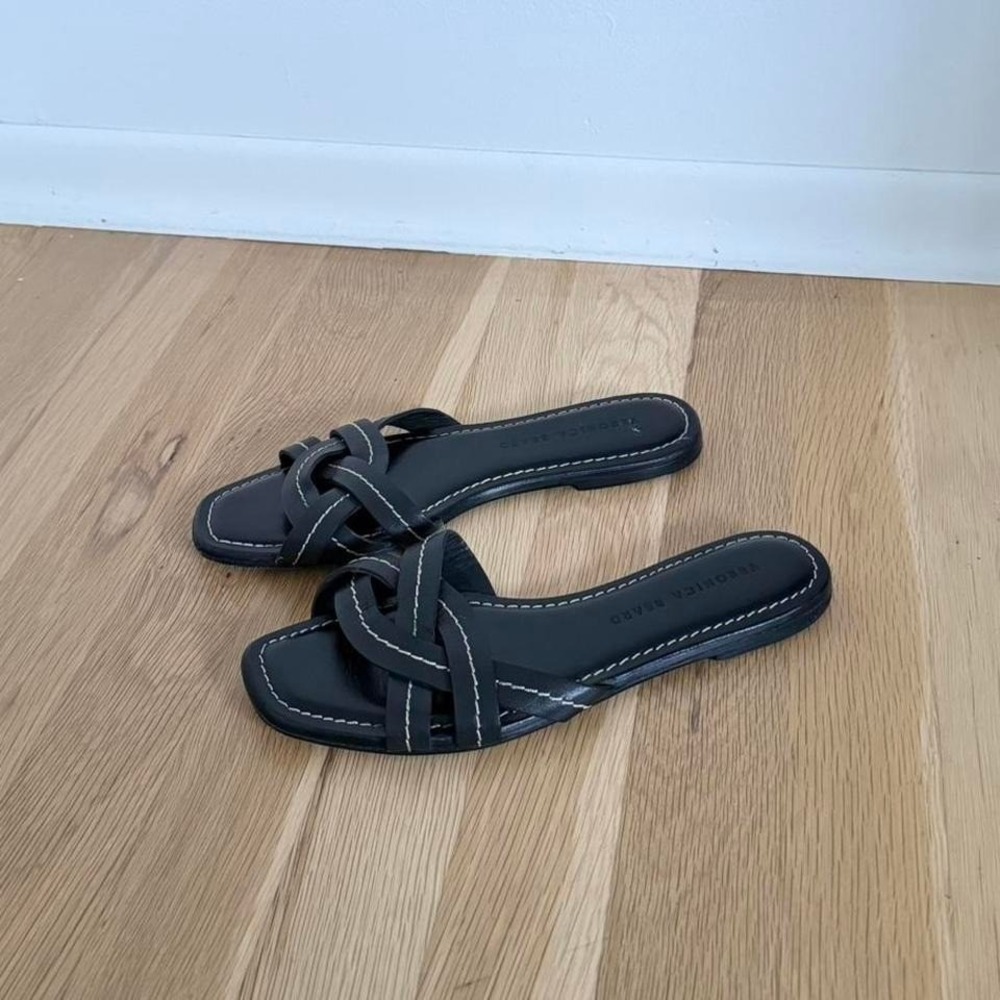 Veronica Beard Black Leather Slide Sandals Size 37 |‎ Woven Strap Flat Sandals